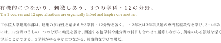 有機的につながり、刺激しあう、3つの学科・12の分野。　工学院大学建築学部は、建築の多様性を踏まえた3学科・12分野を置く。1・2年次は3学科共通の専門基礎教育を学び、3・4年次には、12分野のうちの一つの分野に軸足を置き、関連する他学科や他分野の科目も合わせて履修しながら、興味のある領域を深く学ぶことができる。3学科がゆるやかにつながる、刺激的な学びの場だ。